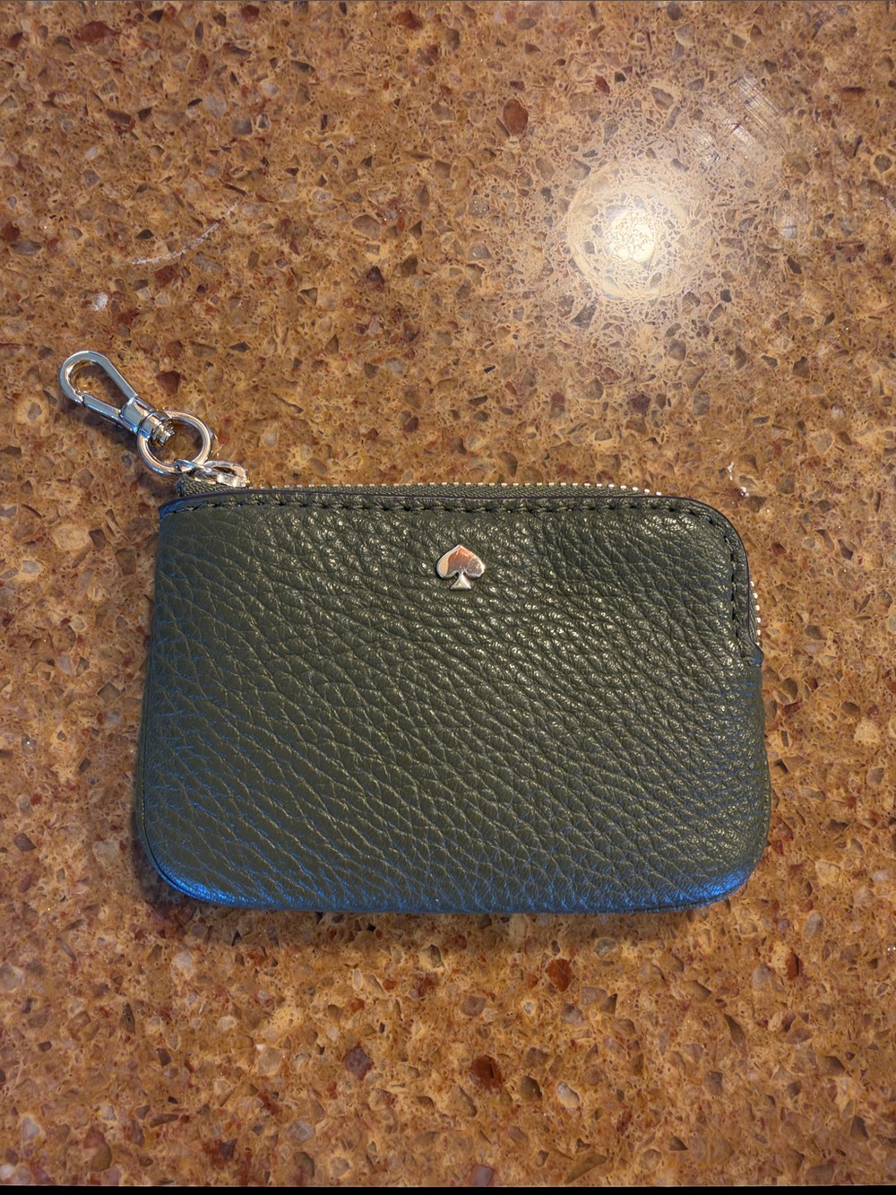kate spade Pebbled Leather Zip Card Pouch in Dark Green with Key Clip